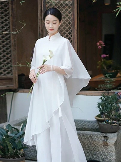 LUCIDVUE Chinese Style Elegant Chiffon Shawl For Women, Graceful Zen-Inspired Vintage Modernized Cheongsam Blouse, Suitable For Spring & Summer