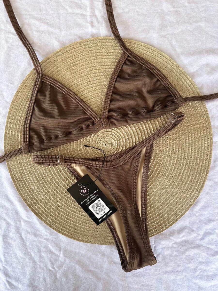 Ribbed, Adjustable Strap Bikini - Shiny Brown - View 1