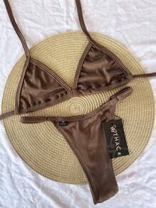 Ribbed, Adjustable Strap Bikini - Shiny Brown - View 2