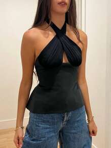 Women's Summer Fashion Tank Tops Solid Color Sleeveless Open Back Halter Neck Ruched Tops - màu đen - Xem 3