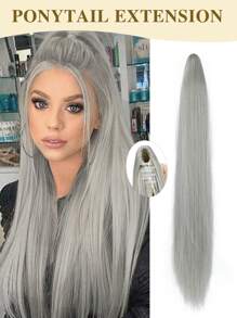 24 Inch Long Straight Ponytail Hair Extensions, Clip-In Synthetic Fiber Ponytail For Women, Natural Daily Use (Gray) - Grey - View 2