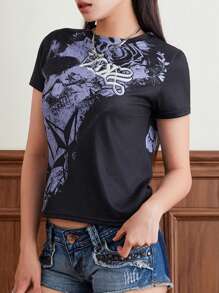 Women Y2k Fairy Grunge T-Shirt Top Goth Graphic Print Short Sleeve Crew Neck Shirts Gothic E-Girl Emo Crop Tees Tops Vintage Aesthetic Clothes Streetwear - 紫色 - 查看 7
