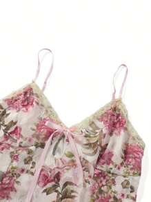 Women Spaghetti Strap Camisoles Floral Print V-Neck Tie-Up Front Sleeveless Sling Tank Tops Summer Slim Fit Vests Crop Tops