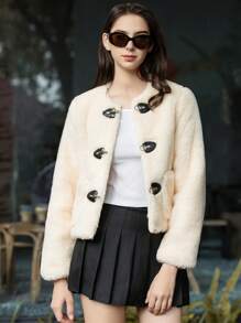 Round Neck Spring Buckle Fleece Jacket For Women Autumn And Winter Fashionable Warm Plush Jacket - Beige - View 5