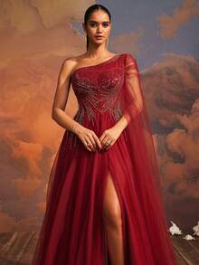 Váy dạ hội lưới đính sequin dài thanh lịch VIPGIRL dành cho nữ - Màu Đỏ Sâu - Xem 9