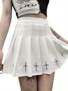 Women High Waist Gothic Punk Mini Skirts, Ladies Cross Pattern Mini Pleated Skirt - White - View 3