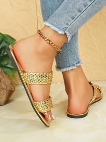 2026新款夏季编织平底拖鞋，休闲轻便夏季沙滩鞋，适合度假和日常穿着，一脚蹬凉鞋