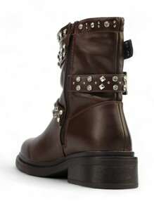 Rhinestone Embellished Punk Style Rivet Short Boots, Streetwear - Marron - View 2
