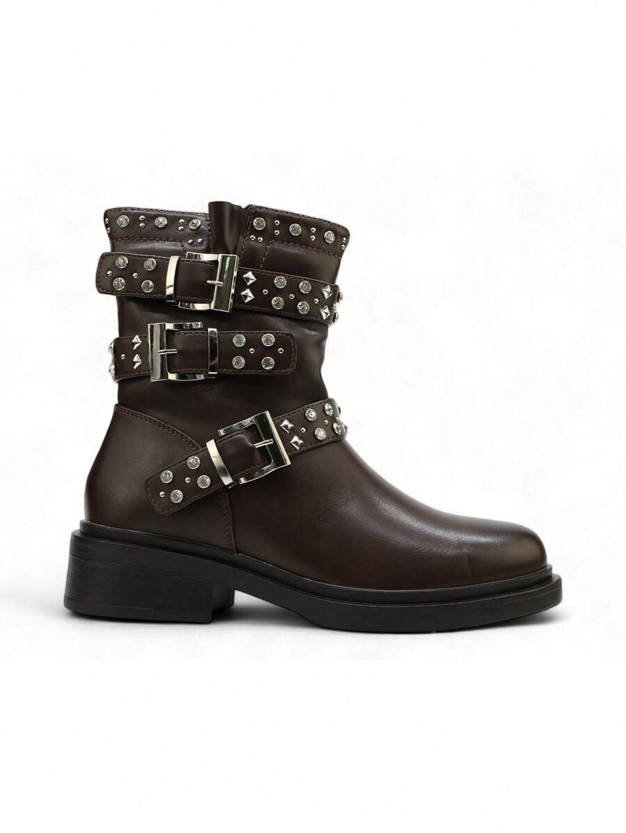 Rhinestone Embellished Punk Style Rivet Short Boots, Streetwear - Marron - View 1