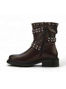Rhinestone Embellished Punk Style Rivet Short Boots, Streetwear - Marron - View 4