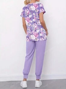 Ensemble de tenue de travail avec Top à col V manches courtes à imprimé intégral et pantalon pour femmes