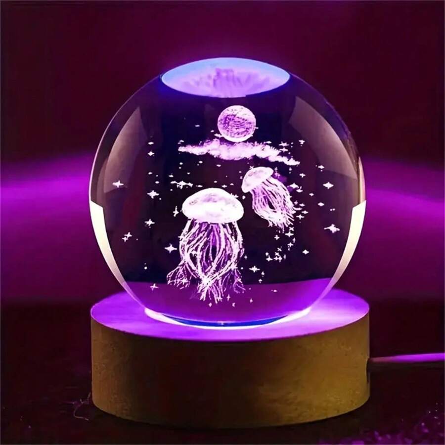 1pc 6CM 3D Jellyfish Colorful Gradient Laser Engraved Crystal Ball LED ...