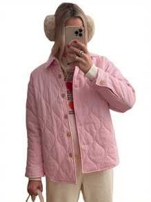 Women's Jacket Stripe Collar Buttons Quilted Coat Fall Winter Long Sleeve Padded Jacket Outerwear - Pink - View 1