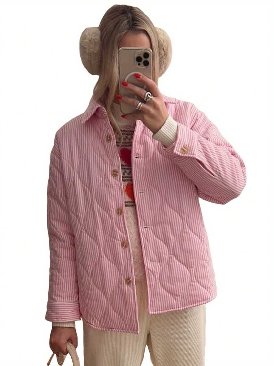 Women's Jacket Stripe Collar Buttons Quilted Coat Fall Winter Long Sleeve Padded Jacket Outerwear - Pink - View 1