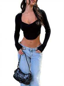 Womenacute;S Cropped Knit Tops Solid Color Long Sleeve Sweetheart Collar Spring Fall Show Navel Sweaters - Black - View 4