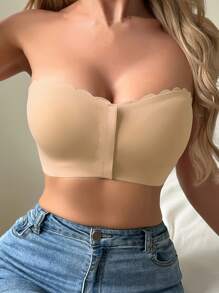 Women's Strapless Bra Front Closure Wavy Trim Bandeau Underwear Wireless Comfortable Brassiere Seamless Tube Top Wedding Intimates Backless Smooth Construction Solid Color Wire-Free Removable Padding Comfort Design With Anti-Rolling Silicone Grip For Secure