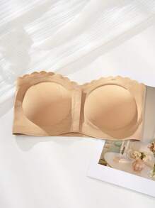 Women's Strapless Bra Front Closure Wavy Trim Bandeau Underwear Wireless Comfortable Brassiere Seamless Tube Top Wedding Intimates Backless Smooth Construction Solid Color Wire-Free Removable Padding Comfort Design With Anti-Rolling Silicone Grip For Secure