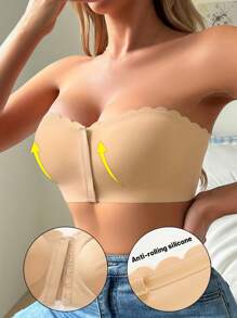 Women's Strapless Bra Front Closure Wavy Trim Bandeau Underwear Wireless Comfortable Brassiere Seamless Tube Top Wedding Intimates Backless Smooth Construction Solid Color Wire-Free Removable Padding Comfort Design With Anti-Rolling Silicone Grip For Secure