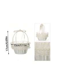 1 件白色缎带花篮，蕾丝珍珠蝴蝶结缎带花童篮，适用于婚礼花童篮、戒指托盘、花瓣篮、珠宝展示托盘 - 多色 - 查看 3