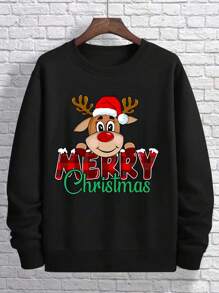 DIFFLAND Spring Men's Casual Daily Life Soft And Comfortable Long-Sleeved Sweatshirt, Christmas Style Elk Printing Pattern Black Round Neck Pullover Long-Sleeved Sports Round Neck Sweatshirt