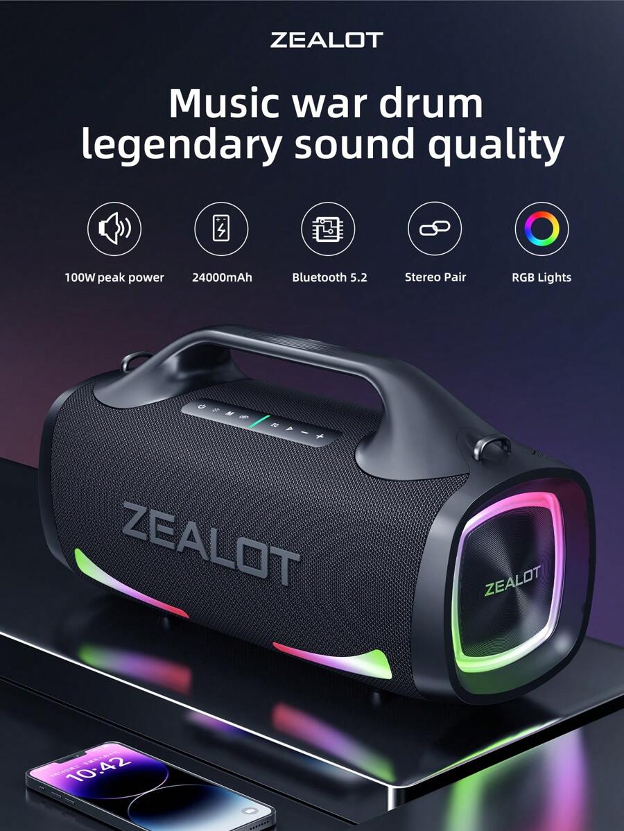 ZEALOT S79 Wireless Speaker 100W Power Outdoor Portable Subwoofer RGB Color Light Wireless Speaker, 24000mAh Battery, 8 Hours Of Gaming Time, Stereo Sound Effects, Compatible With SD Card/USB/AUX/Supports Serial Connection, Supports Mobile Phones/Tablets/TVs/Computers, Suitable For Outdoor/Indoor/Beach/Gatherings - 黑色 - 查看 1