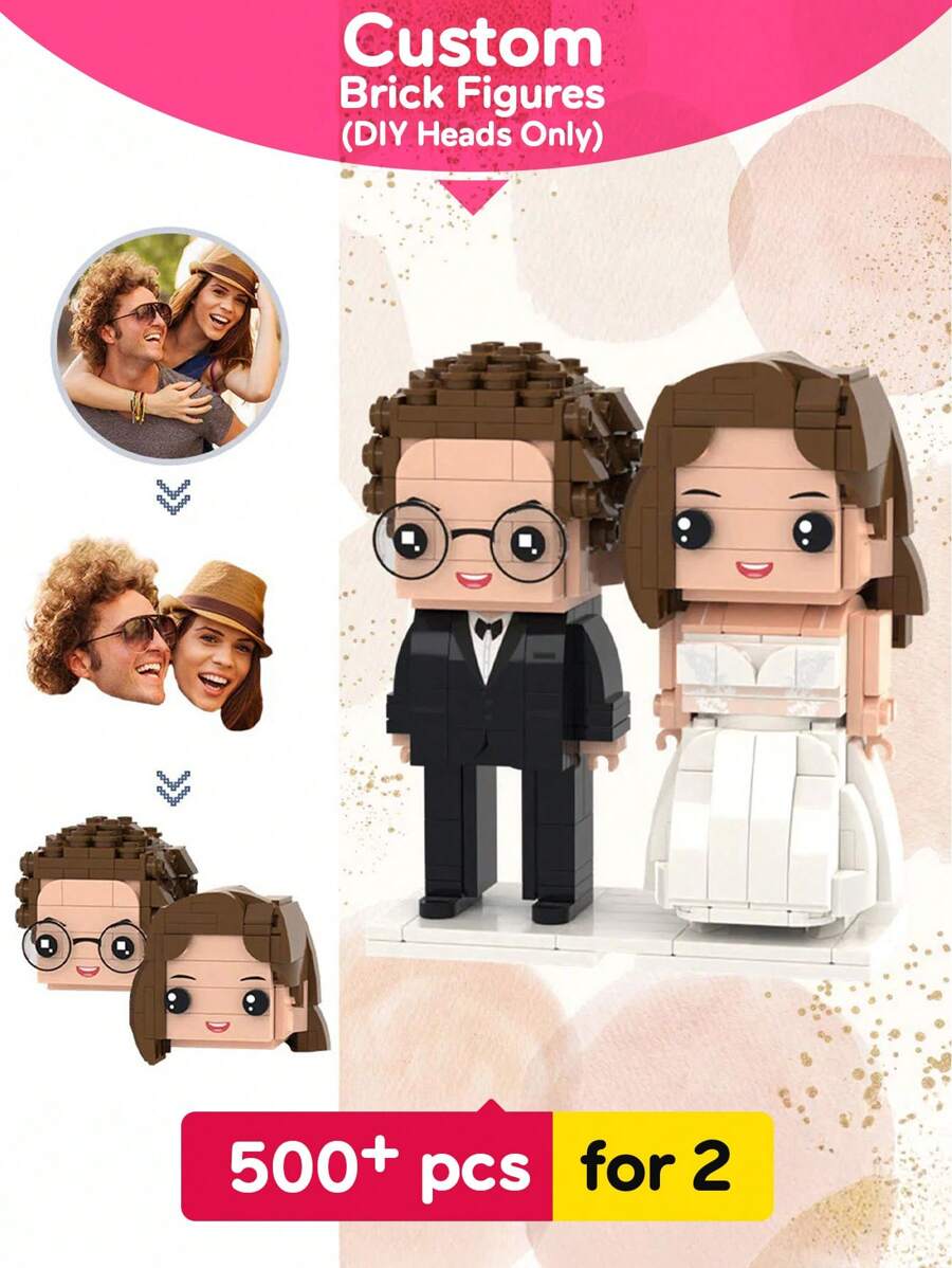 1个定制迷你人偶，个性化积木人偶，情侣定制积木人偶，定制方形脸积木头，定制积木人偶，适合14岁以上成人作为个性化迷你人偶礼物，定制迷你积木套装，仅头部可定制，送给男友的礼物，家居装饰客厅 - 新郎與新娘款式2 - 查看 1