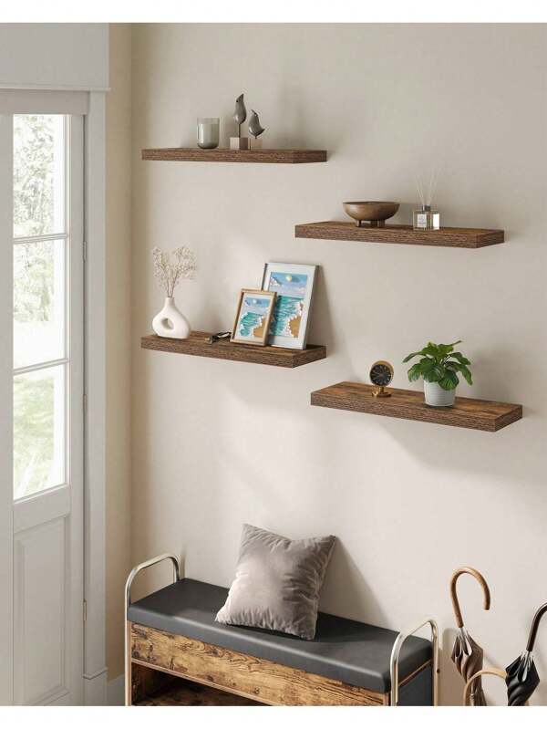VASAGLE Mensola da Muro, Set di 4, Mensola da Parete, 20 x 60 x 3,8 cm, per Portafoto Decorazioni, Soggiorno Studio Cucina, Marrone Vintage