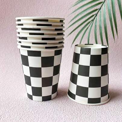 10pcs/20pcs Buffalo Plaids Paper Cups Checkered Racing Disposable Cups Black White Party Decorative Cups For Holiday Birthday Cold Hot Drinkware Tableware Decor Supplies