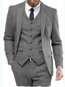 Mens Herringbone Tweed Suit 3 Piece Suit Two Buttons Wool Suits 1920's Themed Wedding Suit Prom Tuxedos Blazer Dress Formal Business Party Jacket Vest Waistcoat For Groom - 灰色 - 查看 1