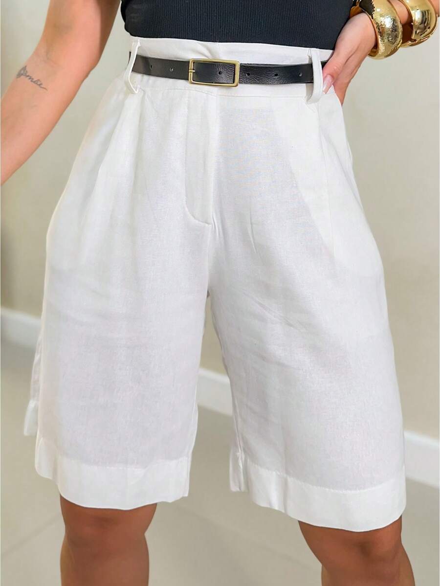 EMILI WHITE LINEN AND POLYESTER CLASSIC BERMUDA SHORTS WITH BELT/ BERMUDA SHORTS/ KNIFE POCKET/ ZIPPER/ STRAP WITH ONE STRAP. - 離開 - 查看 1