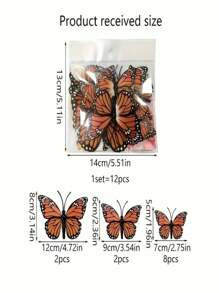 12pcs 3D Monarch Butterfly Wall Stickers - PVC Plastic Butterfly, Suitable For Home And Party Decoration, Perfect For Wedding, Birthday, Graduation Ceremony And Patriotic Celebration, Holiday Holiday Decorations Without Electricity