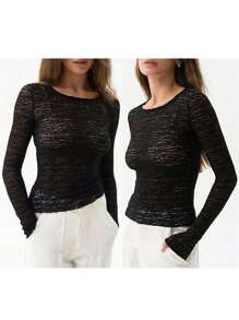 Womens Sheer Lace Tops Slim Solid Color See Through Round Neck Long Sleeve Undershirts Casual Streetwear - Black - View 2