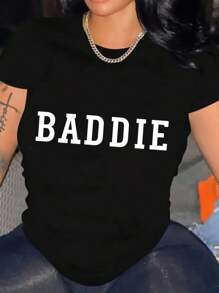 Women Baddie Design Graphic T-Shirt Short Sleeve Tees For Outdoors Activities And Casual Wear - Black - View 1