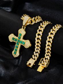 1pc Men's New Arrival Oversized Cross Pendant Necklace, Creative European & American Style Diamond Encrusted Metal Cross Design, Versatile For Everyday Wear For Both Men And Women - Various - View 7