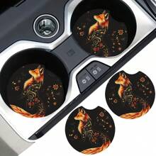 2pcs Fox/Wolf Design Absorbent Cup Mats, Fashionable Durable Quick Dry Non-Slip Car Cup Holders