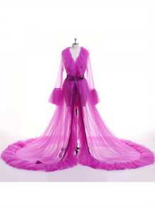 Women Summer Kimono Dress, Sheer Tulle V-Neck Long Flare Sleeves Floor-Length Night-Robe Lingerie, 4 Colors - Màu Hồng Tươi - Xem 2