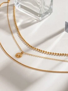 1 件女士时尚双层不锈钢项链米珠链简约日常百搭防水 18K 镀金项链适合通勤等。 - 多層項鍊 - 查看 11
