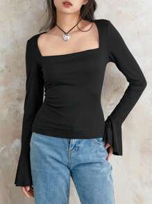 Women's Fall Elegant Slim Tops Solid Color Flare Long Sleeve Square-Neck Shirt Clubwear