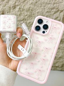 Phone Case 5 Pieces Transparent Airbag Pink Border Heart-Shaped Pink Bow Printed Phone Case+20W Charger Protective Case+Data Cable Protection/Storage - Compatible With IPhone 14, 15, 13, 12, 11 X/XS XR XSMAX 16/16 Pro/16promax 12/13mini Waterproof Shockproof Anti-Fall Scratch Resistant