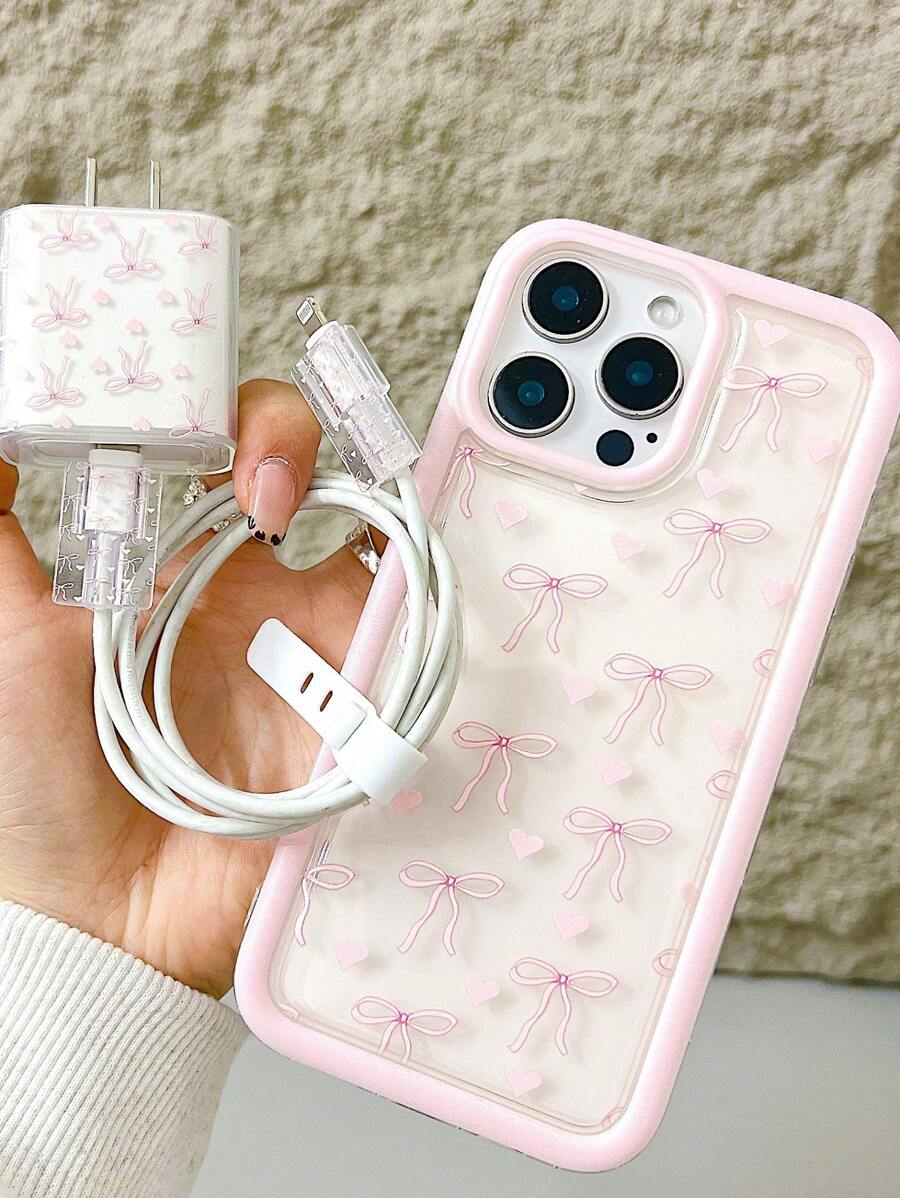 Phone Case 5 Pieces Transparent Airbag Pink Border Heart-Shaped Pink Bow Printed Phone Case+20W Charger Protective Case+Data Cable Protection/Storage - Compatible With IPhone 14, 15, 13, 12, 11 X/XS XR XSMAX 16/16 Pro/16promax 12/13mini Waterproof Shockproof Anti-Fall Scratch Resistant