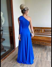 Long Party Dress With Lace, Lined Cups, Comfortable, Elegant, Simple - 寶藍色 - 查看 2