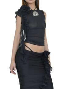 Women Solid Color Tank Tops Mesh See-Through 3D Flower Ruffles Crew Neck Sleeveless Vests Summer Slim Fit Crop Tops - Black - View 1