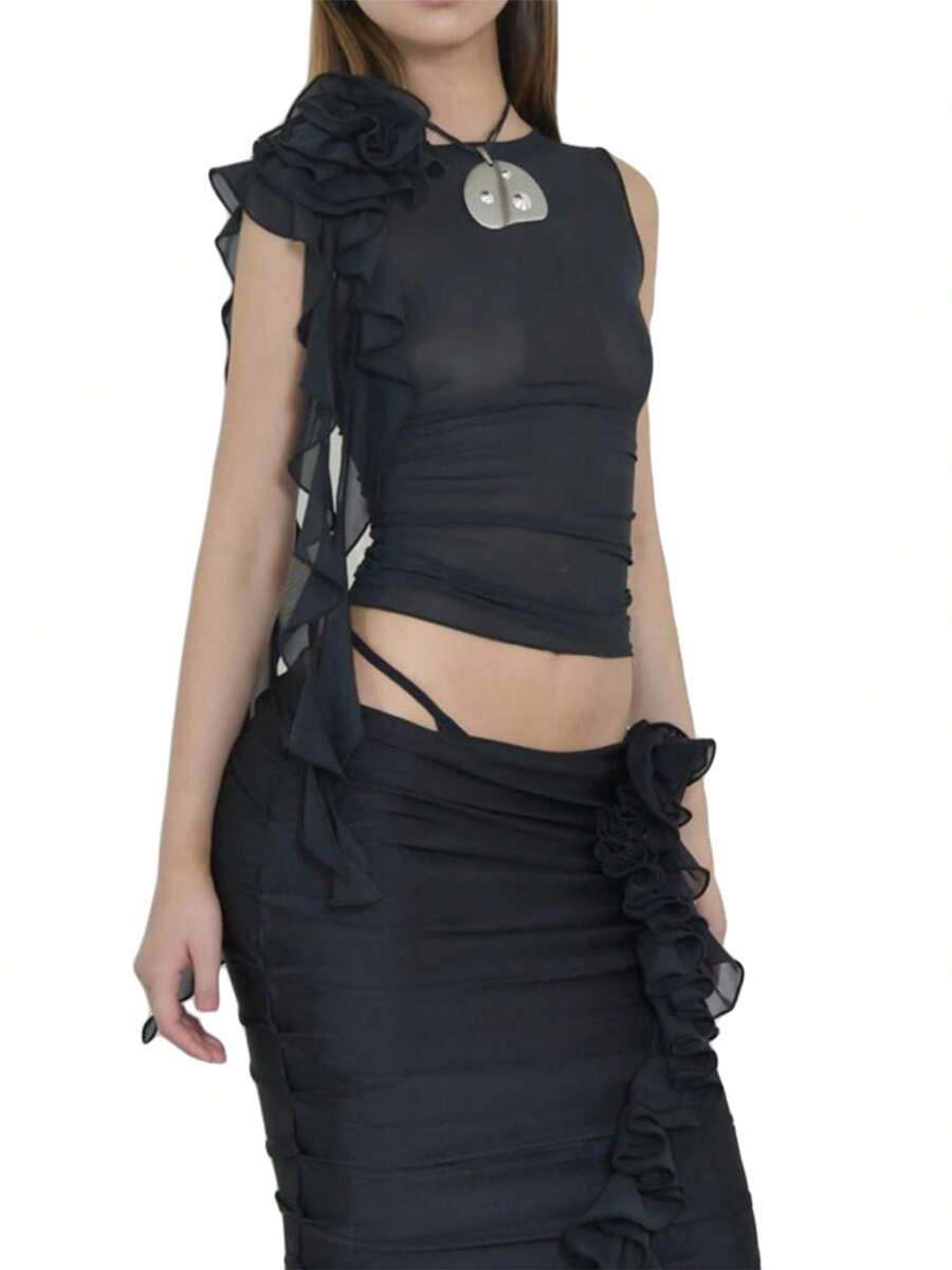 Women Solid Color Tank Tops Mesh See-Through 3D Flower Ruffles Crew Neck Sleeveless Vests Summer Slim Fit Crop Tops - Black - View 1