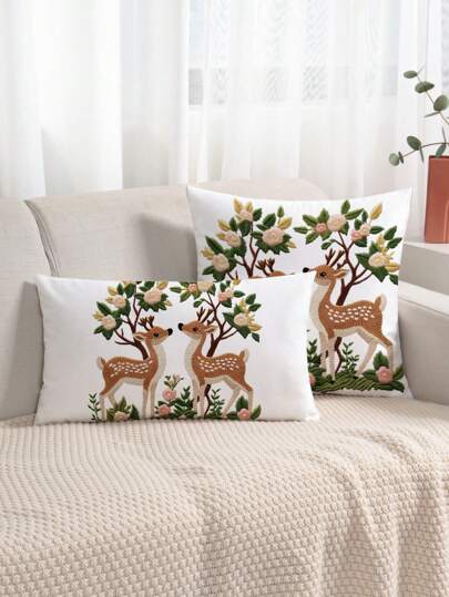 1 件鹿、花卉和树木图案装饰抱枕套，现代布艺印花靠垫套，适用于沙发、客厅、家居装饰，无填充物，圣诞装饰，不含枕芯