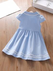 年轻女孩休闲草莓印花 Polo 领短袖连衣裙，夏季 - 淺藍色 - 查看 2