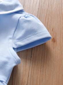 年轻女孩休闲草莓印花 Polo 领短袖连衣裙，夏季 - 淺藍色 - 查看 7