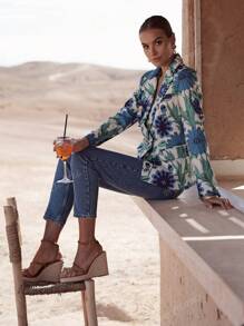 Veste blazer pour femme à imprimé floral bleu-vert, design à double boutonnage, dotée de boutons et de poches, élégante et classique, Collection Automne/Hiver