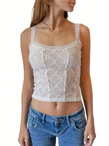 Women's Summer Fitted Tank Tops Sleeveless Backless Low Cut Lace Floral Short VestWomen's Summer Fitted Tank Tops Sleeveless Backless Low Cut Lace Floral Short Vest - White - View 1