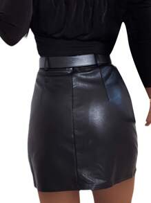 Women Mini Skirt Pu Leather Skirt Rhinestone Elengant High Waist Leather Penci Skirt - 黑色 - 查看 4
