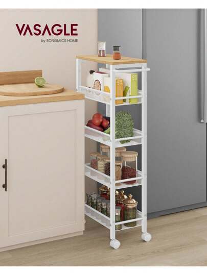 VASAGLE Carrello a 5 Ripiani, Carrello Cucina Salvaspazio con Ruote, Struttura in Acciaio, Maniglia, Carrellino Piccoli Spazi, Bagno Salotto Studio, Marrone Vintage e Nero/Beige Rovere e Bianco